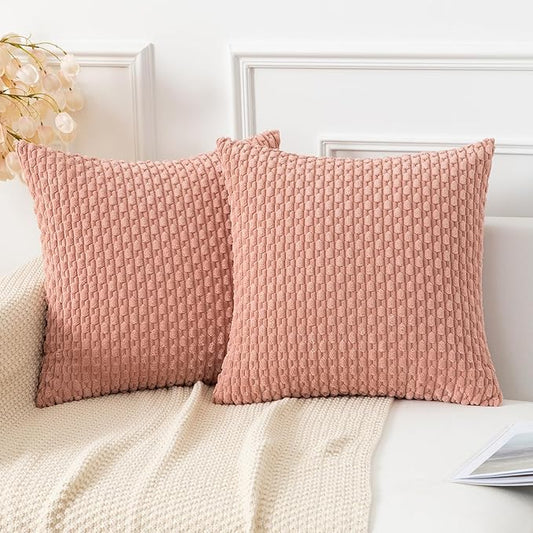 Kevin Textile Throw Pillow Covers Soft Corduroy Decorative Set of 2 Valentines Day Boho Striped Pillow Covers Pillowcases Farmhouse Home Decor for Couch Bed Sofa Living Room 16x16 Inch Baby Pink