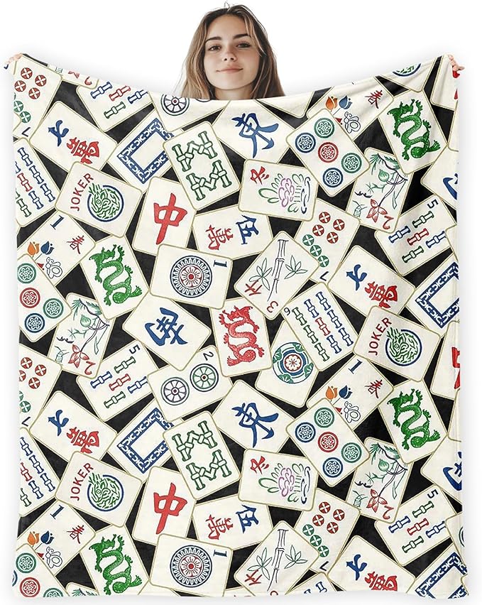 Mahjong Lover Gifts Throw Blanket for Women Men,Chinese Mahjong Blanket for Office Couch Bed Girls Dorm Bedroom Living Room,50x60 Inches