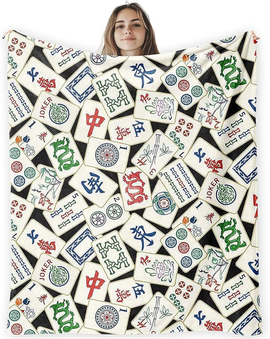 Mahjong Lover Gifts Throw Blanket for Women Men,Chinese Mahjong Blanket for Office Couch Bed Girls Dorm Bedroom Living Room,50x60 Inches