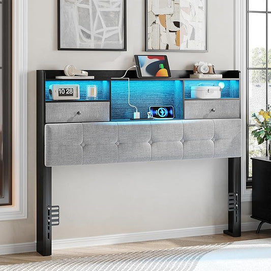 Maupvit Headboard Queen Size with Storage, Queen Headboard Only with 2 Drawers, Charging Station and LED Lights, Upholstered Headboards Easy Assembly, Black&Grey