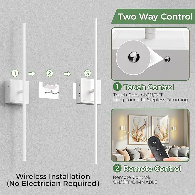 DORESshop Battery Operated Wall Sconces Set of Two with Remote Control, Rechargeable Wall Sconce, 350°Rotate Dimmable Wireless Wall Sconce for Living Room, Hallway, Bedroom, 28.1 Inch, White(2 Pack)
