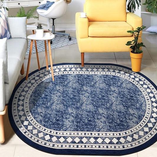 Antep Rugs Alfombras Modern Bordered 5x7 Non-Skid (Non-Slip) Low Profile Pile Rubber Backing Indoor Area Rugs (Navy Blue, 5' x 7' Oval)