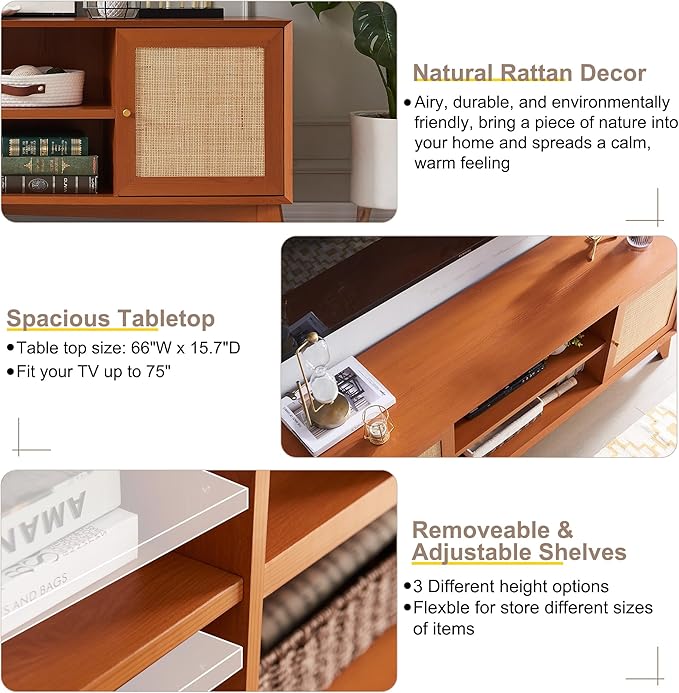 T4TREAM Rattan TV Stand for 75 Inch TV - Mid Century Modern Entertainment Center for Living Room, Large Boho Media TV Console with Storage Shelves, Cherry