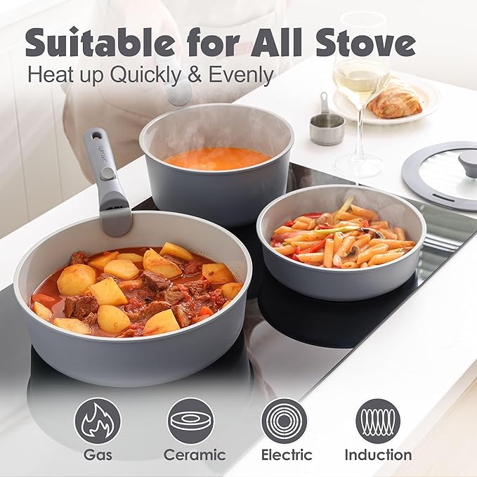 SENSARTE 17 Piece Ceramic Pots and Pans Set, Nonstick Detachable Handle Cookware, Induction Kitchen Cookware Set with Removable Handle, Dishwasher ＆ Oven Safe (Gray)