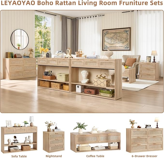 LEYAOYAO 48" Boho Rattan Console Table with 3 Drawers Set of 2,Wooden Entryway Table with Open Storage Shelf, 3 Tier Narrow Long Behind Couch Sofa Tables for Living Room, Hallway, Foyer, Natural Wood