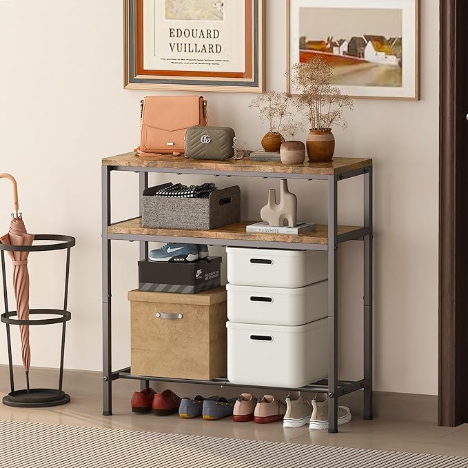 Homeiju Entryway Table with Storage, 3-Tier Console Table 31.5" Width, Industrial Sofa Table with Open Shelves, Foyer Tables for Entryway, Hallway, Kitchen, Living Room and Bedroom, Rustic Brown
