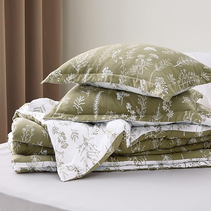 Bedsure Queen Comforter Set - Olive Green Bed Set, 3 Pieces Cute Floral Bedding, 1 Soft Reversible Botanical Flowers Comforter and 2 Pillow Shams