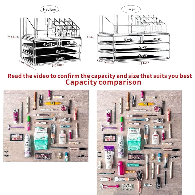 Cq acrylic 2 Pack Clear Make Up Organizer Countertop,Stackable 4 Drawers Makeup Storage,Cute Vanity Organizers for Dresser Hair Clip,Jewelry,Beauty Product Desk and Bathroom Organizers and Storage