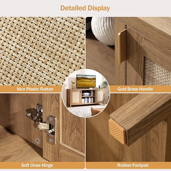 SICOTAS TV Stand for Living Room : Rattan TV Console Cabinet with Storage and Shelf, Boho Entertainment Center, 59" Media Console for 55, 65 Inch TV, 26" Tall Television Stands, Oak