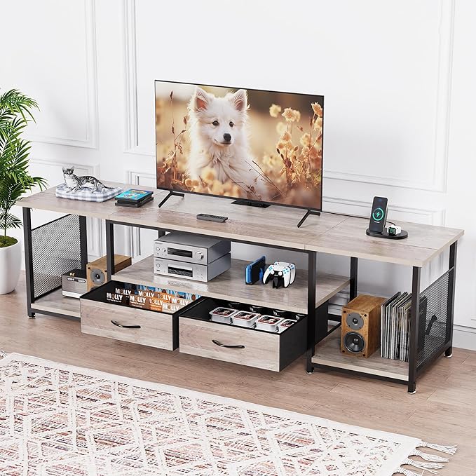 TV Stand with Drawers and Power Outlets for 75 70 65 Inch TV, Entertainment Center with Open Storage Shelves, Media Industrial TV Console Table for Living Room Bedroom Office, Greige
