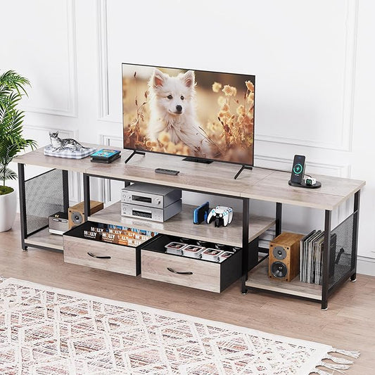 TV Stand with Drawers and Power Outlets for 75 70 65 Inch TV, Entertainment Center with Open Storage Shelves, Media Industrial TV Console Table for Living Room Bedroom Office, Greige