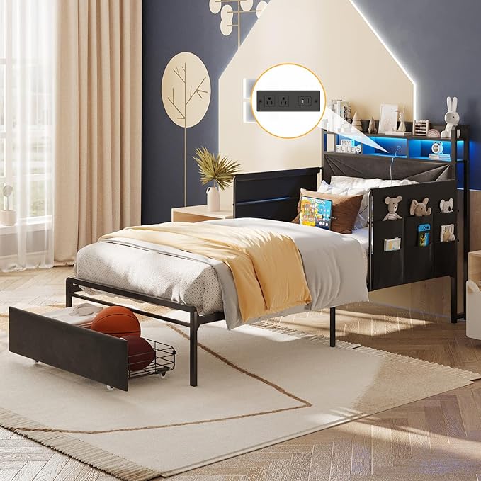 Maupvit Twin Bed Frame with Storage Headboard and Drawer,Upholstered Platform Bed Frame with LED Lights & Charging Station,Twin Size Bed with Guardrail,No Box Spring Needed,Grey