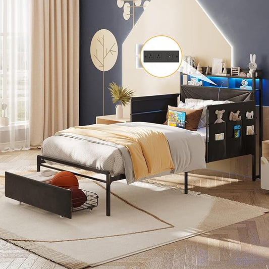 Maupvit Twin Bed Frame with Storage Headboard and Drawer,Upholstered Platform Bed Frame with LED Lights & Charging Station,Twin Size Bed with Guardrail,No Box Spring Needed,Grey