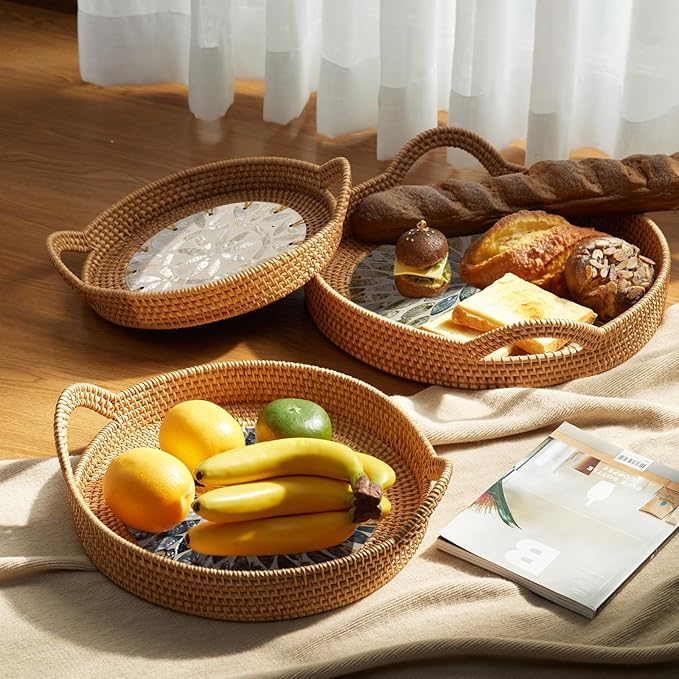 3 Pack Round Rattan Tray, Natural Handwoven Rattan Serving Tray with Mother Pearl Inlay Base, Decorative Boho Coffee Table Trays with Handles, Wicker Organizer for Snacks, Jewelry, Candles, Vanity
