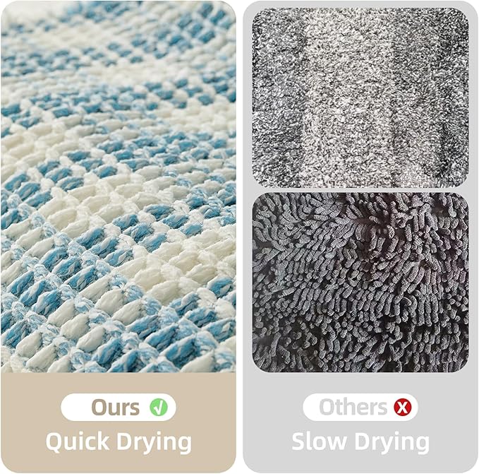 Waffle Runner Rug Bathroom, Long Boho Bathroom Rugs Non Slip Washable Absorbent Checkered Bathroom Mat Quick Dry Cute Bath Mat, 60"x24" Blue and White