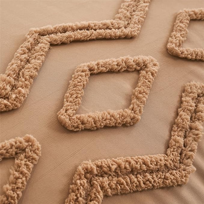 KAKIJUMN Khaki Tufted Comforter Set King Size 7 Piece Bed in a Bag, Shabby Chic Boho Comforter and Sheet Set, Pom Pom Textured Bed Set, All Season Soft Microfiber Complete Bedding Set(Khaki,King)