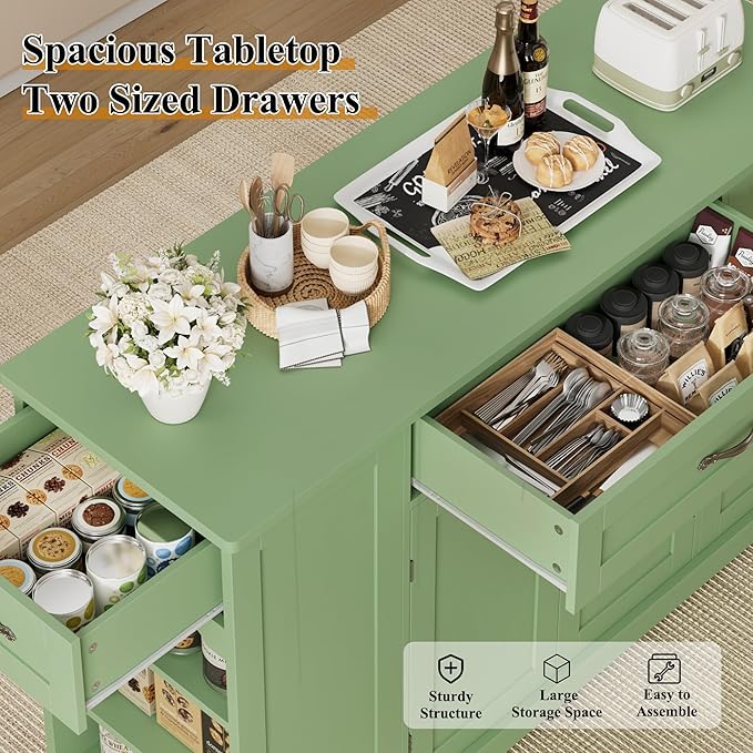 HOSTACK Kitchen Island Cart with Storage, 47'' Kitchen Storage Island on Wheels with 2 Drawer, Rolling Island Table with Adjustable Shelve, Mobile Buffet Sideboard Cabinet for Dining Room, Light Green