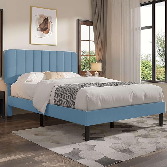VECELO Full Size Bed Frame with Upholstered Headboard, Velvet Platform Bedframe Mattress Foundation, Strong Wood Slat Support, No Box Spring Needed,Sky Blue