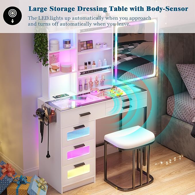 RGB Vanity Desk with Sliding Mirror and Lights, LED Makeup Vanitys with Charging Station, Glass Top Dressing Table Set with Jewelry Organizer,6 Drawers,Stool,Shelves for Bedroom(White)