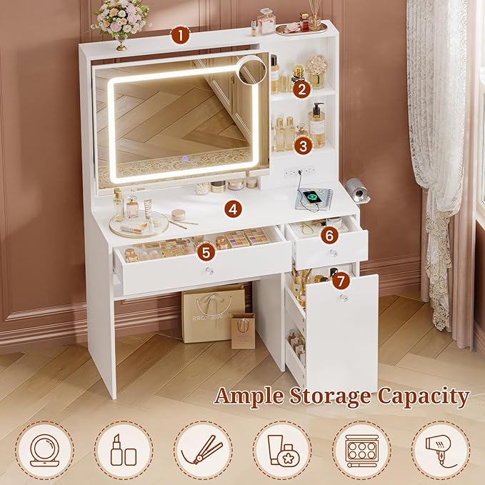 Vanity Desk with Mirror and Lights,Power Outlet,3 Drawers,Pull-Out LED Mirror with 3 Light Modes,Brightness Adjustable,Rolling Makeup cart,Crystal Handles, hairdryer Rack,White