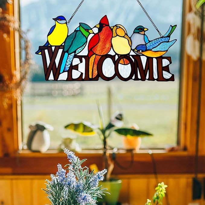 6 Birds Stained Glass Welcome Sign for Front Door Window Hanging Suncatcher, Handmade Tiffany Style Outdoor Welcome Signs Decor Gifts for Mom, Women, Bird Lovers, Bless This Home