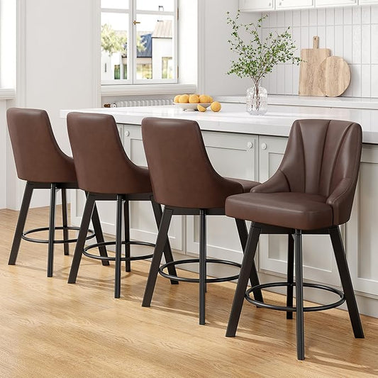 Bar Stools with Backs, PU Leather Upholstered Counter Barstools with Solid Wood Legs for Kitchen Island, Home Bar(4PCS Brown)