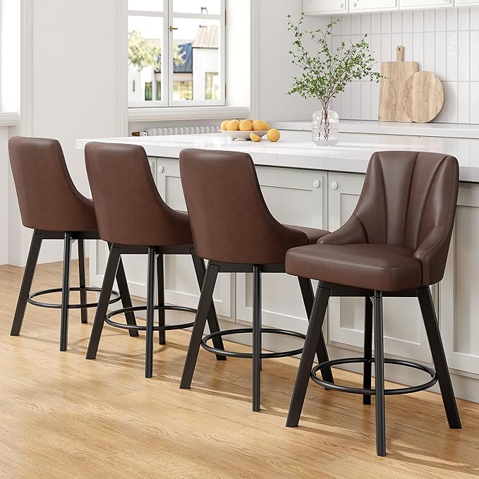 Swivel Bar Stools with Backs, 24" Counter Height Bar Stools Set of 2, PU Leather Upholstered Counter Barstools with Solid Wood Legs for Kitchen Island, Home Bar, Brown