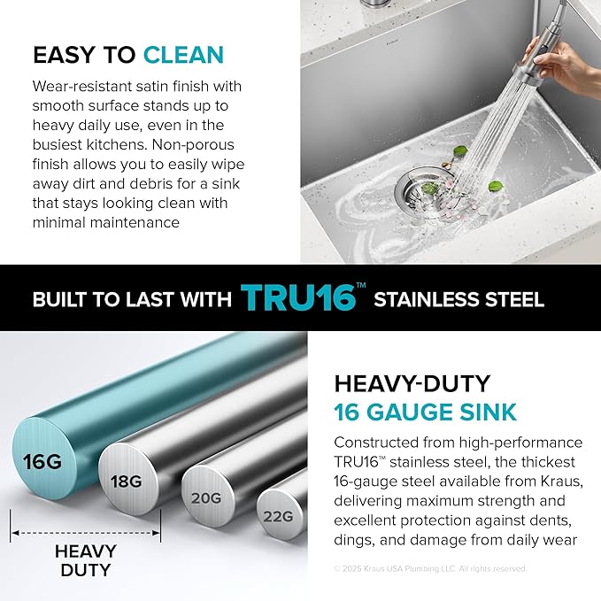 Kraus KHU101-24L Standart PRO 24-inch Undermount 16 Gauge Single Bowl Laundry and Utility Sink, 24 Inch, Tight Radius