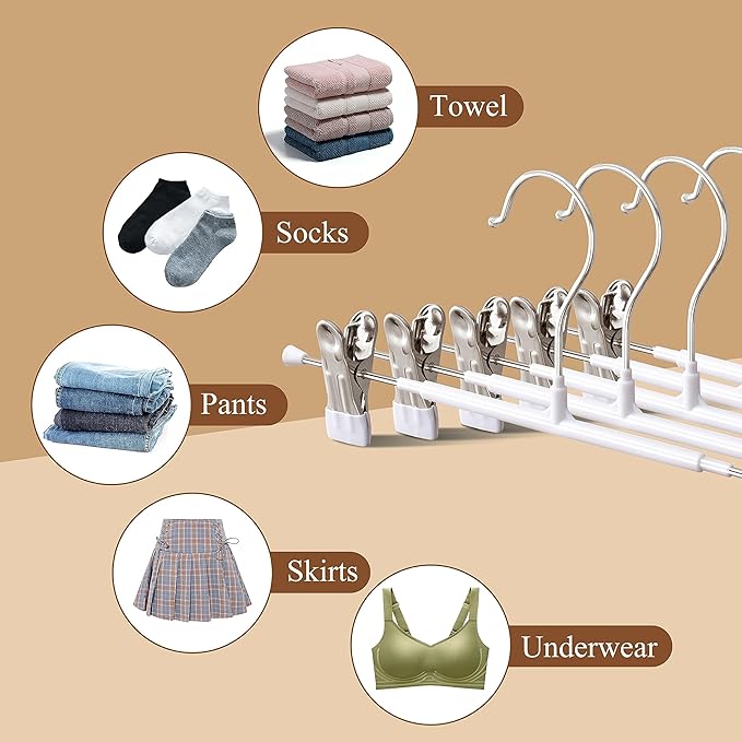 14Inch 60 Pack Pants Hangers with Clips Adjustable Skirt Hangers for Women Non-Slip Trousers Hanger for Jeans Shorts Clothes Hanger for Pants Heavy Duty Space Saving,White