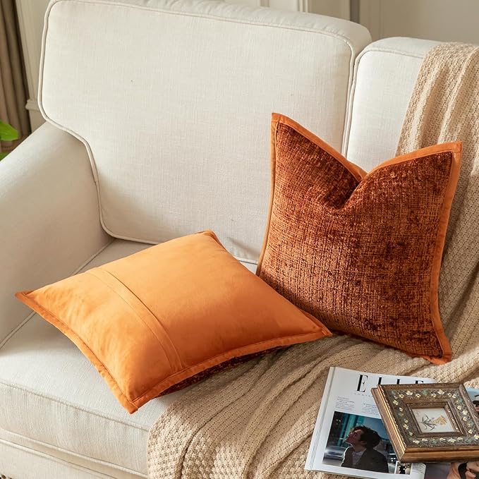 Yaertun Pack of 2 Chenille Textured Decorative Throw Pillow Covers Accent Solid Cushion Cover Soft Cozy Pillow Case with Velvet Back for Couch Sofa Bed Living Room 16x24 Inch Burnt Brick