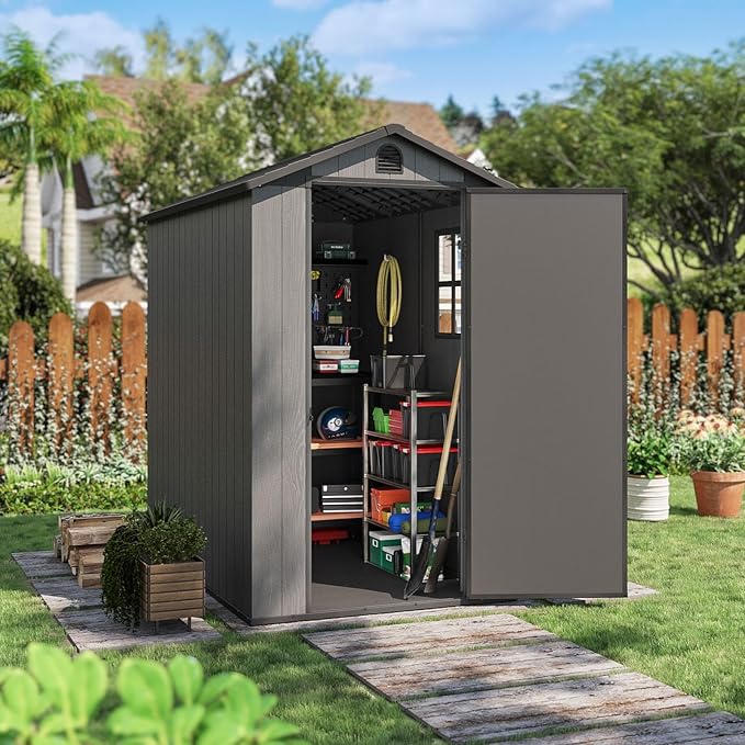 Patiowell 4' x 6' Outdoor Storage Shed with Floor, Plastic Shed Outside Resin Tool Shed with Window and Lockable Door for Backyard Garden Patio Lawn, Dark Grey (Fit-it Shed)