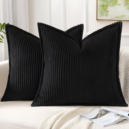 Mecatny Corduroy Throw Pillow Covers 24x24 Set of 2, Neutral Decorative Soft Boho Couch Pillow Covers with Broadside for Sofa Living Room, Black