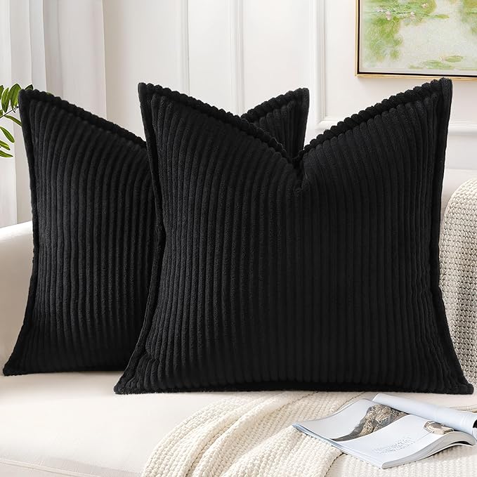 Mecatny Corduroy Throw Pillow Covers 16x16 Set of 2, Neutral Decorative Soft Boho Couch Pillow Covers with Broadside for Sofa Living Room, Black