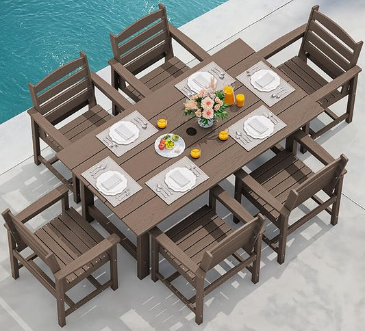 SERWALL 7-Piece Patio Dining Table Sets, Outdoor HDPE Dining Furniture Set with Umbrella Hole Cut-Out Table and 6 Chairs, All Weather Dining Set for Lawn, Garden, Backyard, Poolside, Coffee