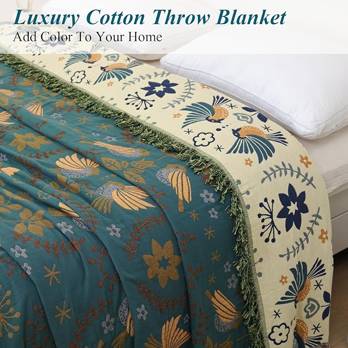 Boho Throw Blanket for Bed-100% Cotton Soft Breathable Farmhouse Decor Boho Quilt for Sofa Bed (Green Floral Bird,80"x90")