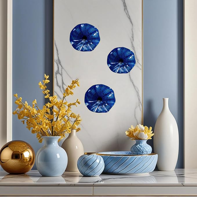 Hand Blown Glass Wall Plates Decor, Modern Unique Glass Wall Art, Murano Blown Glass Wall Art with Transparent and Easy to Clean for Staircase, Living Room, Kitchen, Hallway