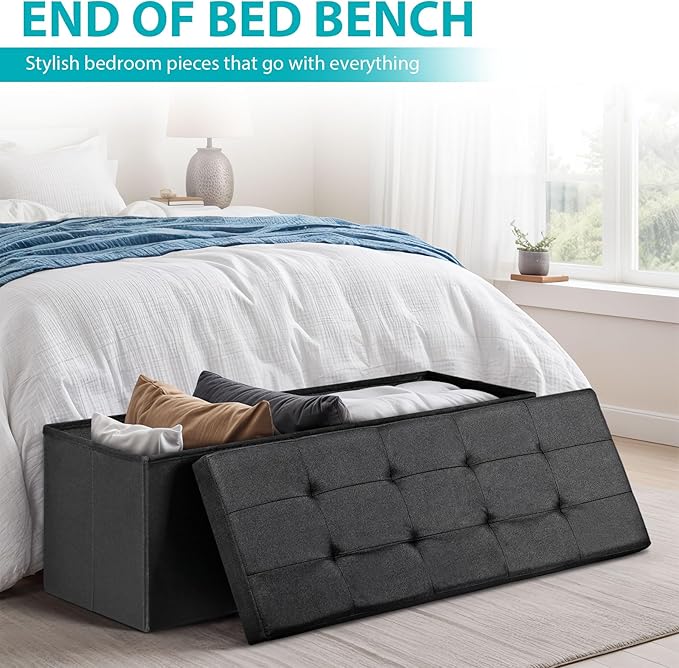 SUPER DEAL 43 Inches Storage Ottoman Bench, Folding Footrest with Padded Seat Sotrage Chest Long Box for Livingroom Bedroom Entryway, 660 lbs Capacity 15" x 43" x 15", Black