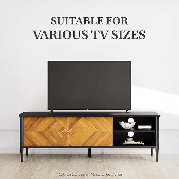 Lenia Solid Wood TV Stand – Mid-Century Modern Media Console with Chevron Doors, Adjustable Shelves & Cable Management – Wooden Entertainment Center – Teak Brown Finish