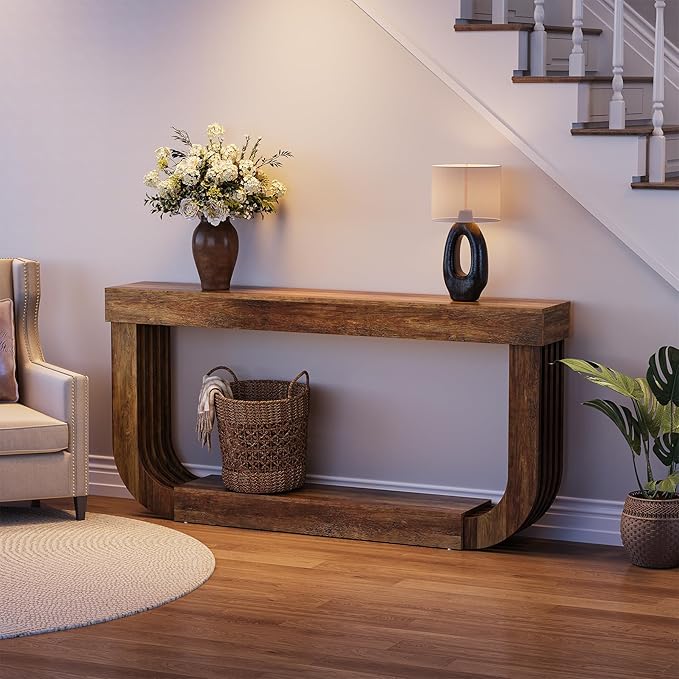 LITTLE TREE 70.9-Inch Extra Long Narrow Console Table, 2-Tier Brown Wooden Sofa Table for Living Room, Large Hallway Foyer Table with Heavy Duty U-Shaped Pedestal