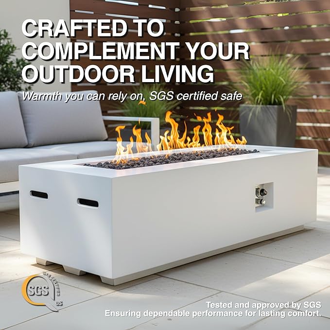 HillAethel 60-Inch Outdoor Gas Propane Fire Pit Table with Propane Tank Cover,Set-2-Piece,60,000 BTU Concrete Fire Pit with Free Rain Cover, Tank Seat, Lava Rocks, for Outside Patio Backyard,White