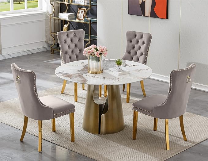 5-Piece Faux Marble Round Dining Table Set for 4, Modern Luxury Kitchen Table Set for 4 with Grey Tufted Chairs,Circle Dining Tables with Pandora Grain Top and Bronze Pedestal Base