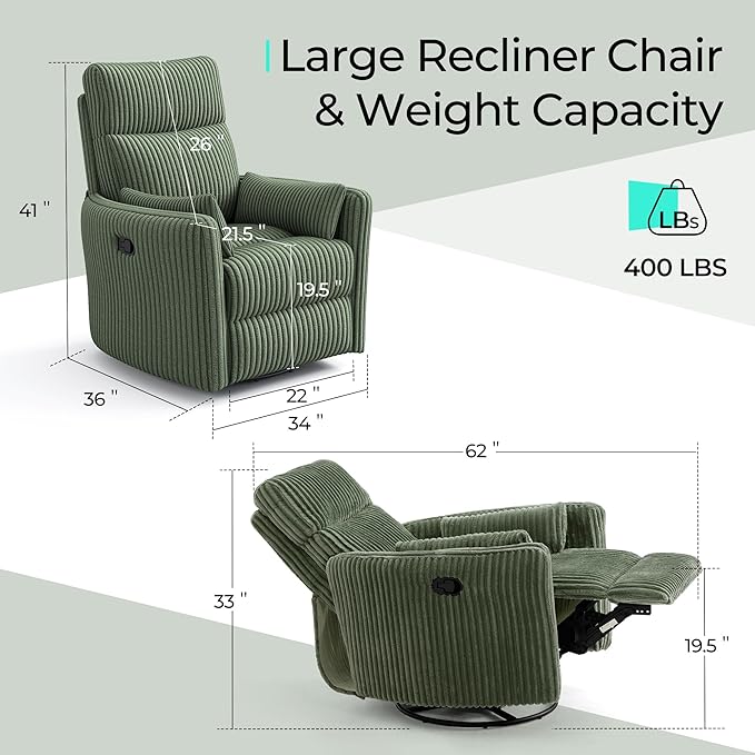LINSY 360 Swivel Recliner Chair - Corduroy Nursery Glider Rocking Chair with 2 Pillows, Comfy High Back Adult Recliner for Small Spaces, Nursery Bedroom Living Room Reclining (Green)