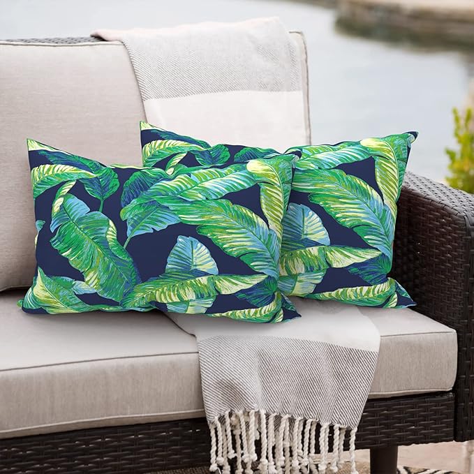 Outdoor/Indoor Lumbar Pillows, Water Repellent Cushion Pillows, 12x20 Inch, Outdoor Pillows with Inserts for Home Garden, Pack of 2, Hanalei Lagoon