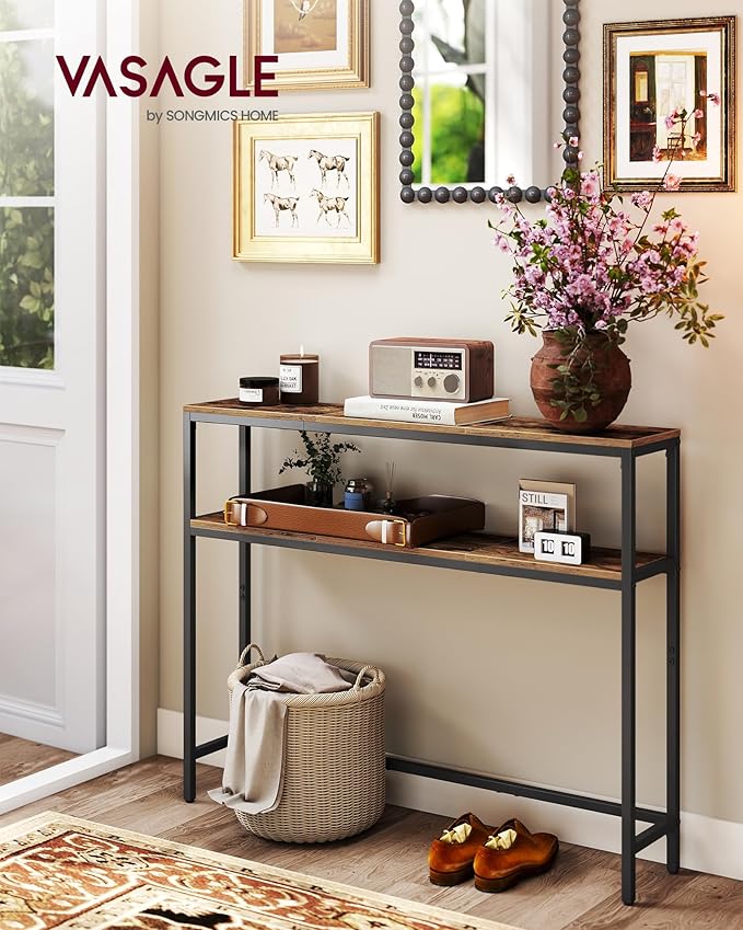 VASAGLE Console Table, 2-Tier Narrow Sofa Table with 2 Shelves, 7.9 x 39.4 x 31.5 Inches, for Living Room, Hallway, Entryway, Rustic Brown and Ink Black ULNT131K01V1