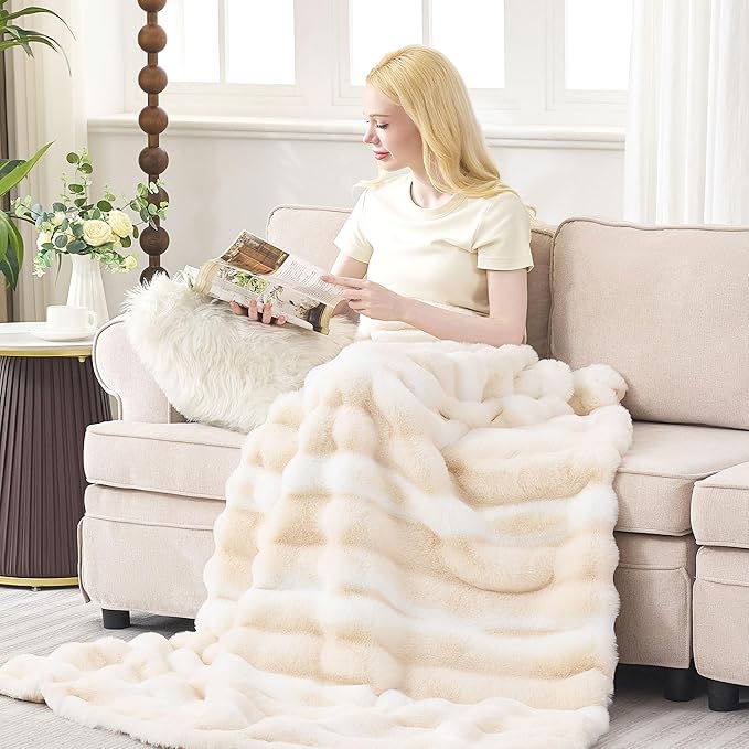Faux Rabbit Fur Throw Blanket – 850GSM Thick & Warm, Ultra Soft Plush Blanket for Couch, Bed, Sofa, Ideal Gift for Women, 60" × 80", Beige