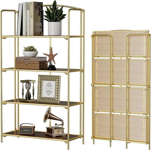 Crofy No Assembly Folding Bookshelf for Living Room, 4 Tier Gold Collapsible Book Shelf for Home Office, Portable Bookcase Storage Organizer