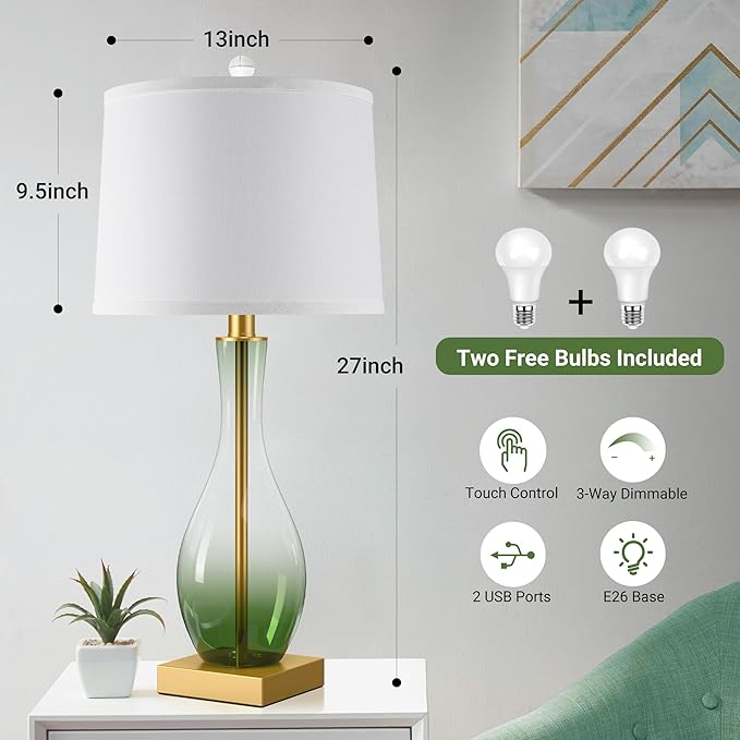 3-Way Dimmable Modern Glass table lamp for Living Room, Green Table Lamps Set of 2 with Touch Control, USB C and A Charging Ports, 27" Bedside Desk Lamps for Nightstand Decorations(LED Bulbs Included)