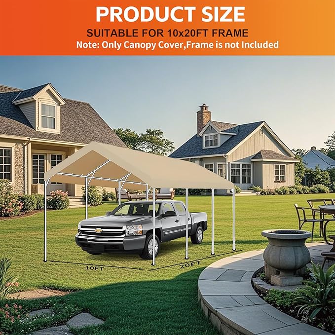 10' x 20' Carport Replacement Canopy Cover for Carport Frame Garage Top Tarp Shelter Tent Party Heavy Duty (Only Top Cover, Frame is not Included) (Beige, 10' x 20')