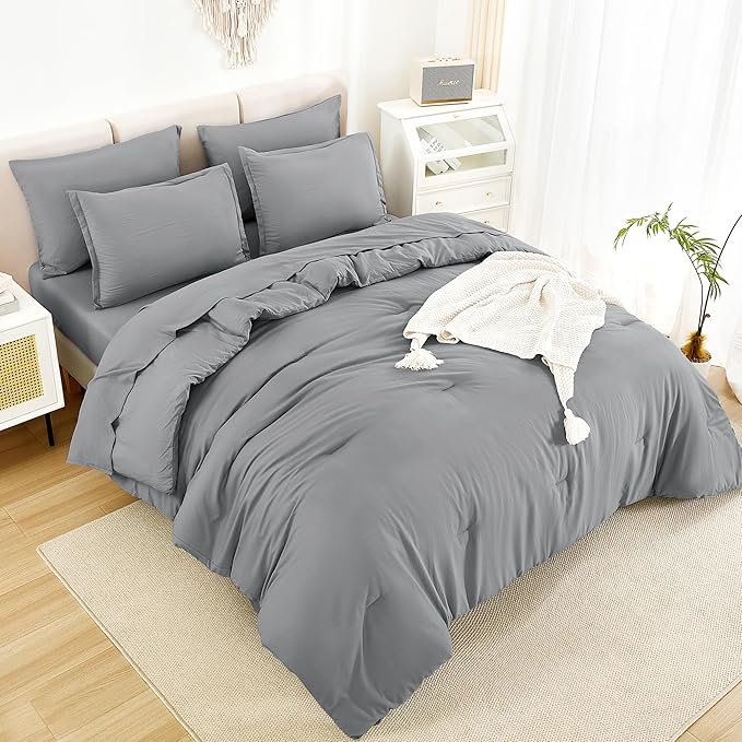 Litanika King Size Comforter Set Medium Gray - 7 Pieces Bed in a Bag King Bedding Comforter Sets, Solid Lightweight Bed Set with Comforter, Sheets, Pillowcases & Shams