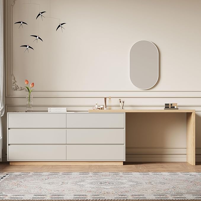 Modern Expandable L-Shaped Vanity Desk with 6 Drawers, Adjustable Computer Table for Home Office, Study, Writing, Gaming, and Bedroom Makeup, Beige, 56-98.5 ″